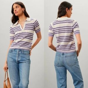 Marine Layer Cream Violet Cotton Preppy Spencer Polo Sweater